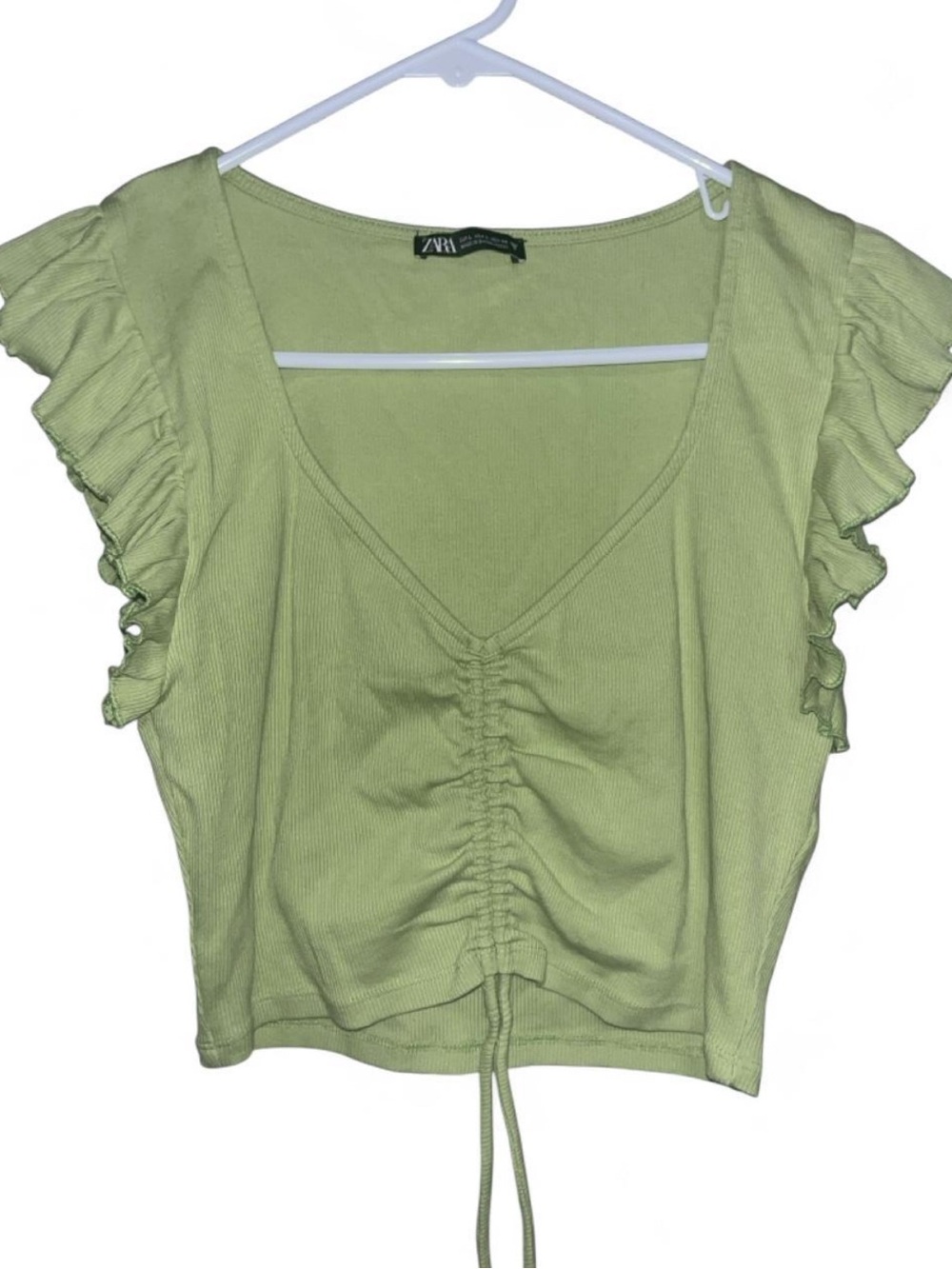 Zara Sage Green Ruched Tie-Front Crop Top